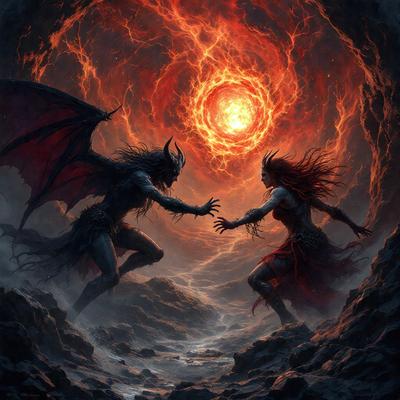 The primary subject of the image is a demon and a woman, both with horns, standing on a rocky surface. The setting is a dark, rocky landscape with a red sun in the background. The visual style is a digital art or illustration, creating a dramatic and intense atmosphere. The dominant colors are red, black, and white, with the red sun adding a sense of danger and intensity to the scene.